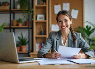 Coach nutritionnelle femme souriante dans son bureau moderne