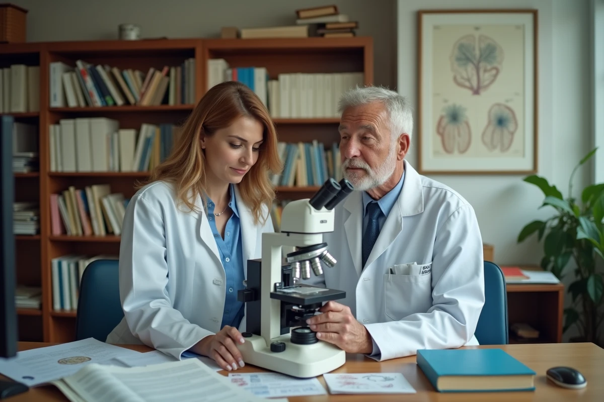 Deux dermatopathologistes collaborant au microscope d'enseignement dans un département universitaire de pathologie cutanée