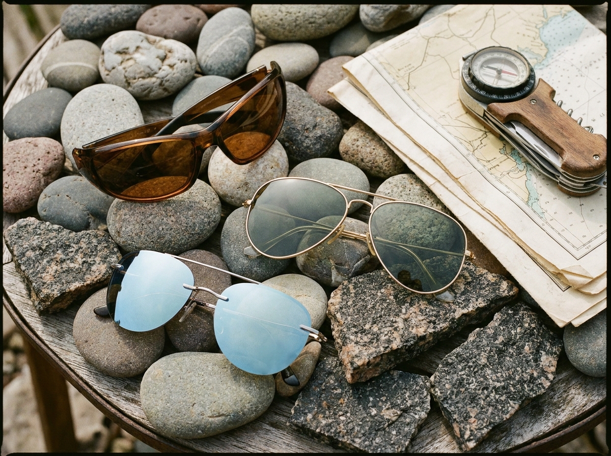 Trois paires de lunettes de soleil disposées sur des galets et granit de montagne, comparaison de styles pour vie entre mer et montagne