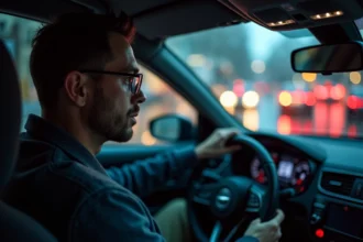 Conducteur portant des verres ZEISS anti-reflets de nuit sous la pluie dans une voiture