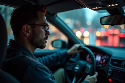 Conducteur portant des verres ZEISS anti-reflets de nuit sous la pluie dans une voiture