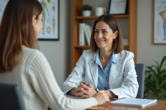Gynécologue en consultation avec une patiente avant une ablation de trompe, discutant des questions préopératoires