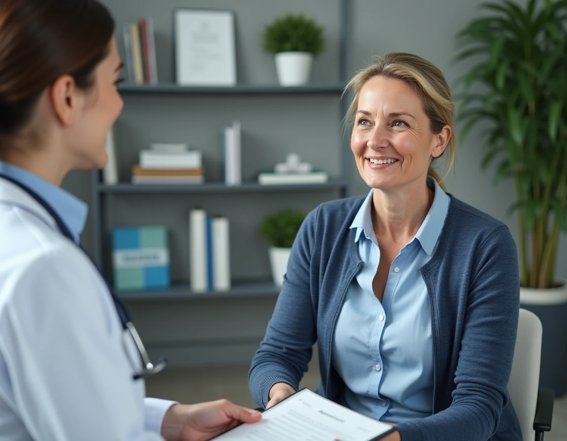 Femme en consultation médicale avec son médecin pour comprendre la prise de poids à la ménopause et les solutions adaptées