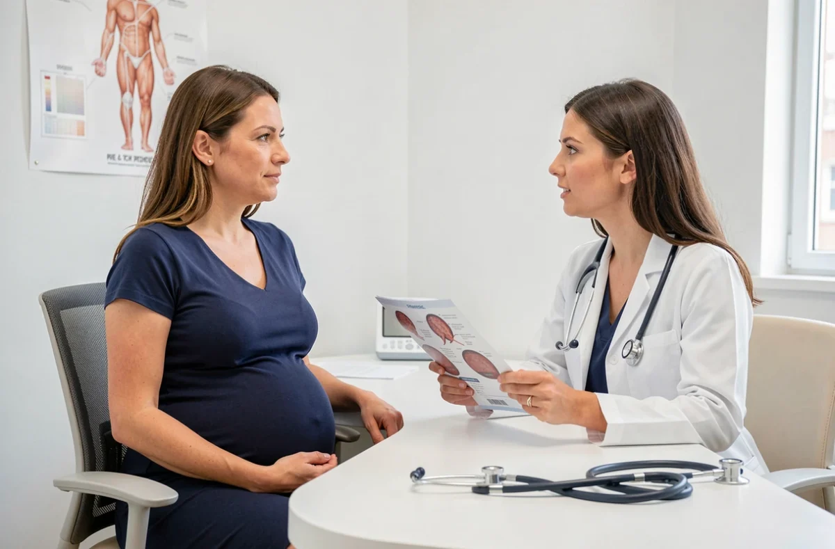 Femme enceinte en consultation médicale avec une gynécologue obstétricienne dans un cabinet moderne