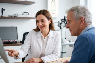 Opticienne expliquant les résultats d'un examen de la vue à un patient âgé dans un cabinet d'optométrie moderne