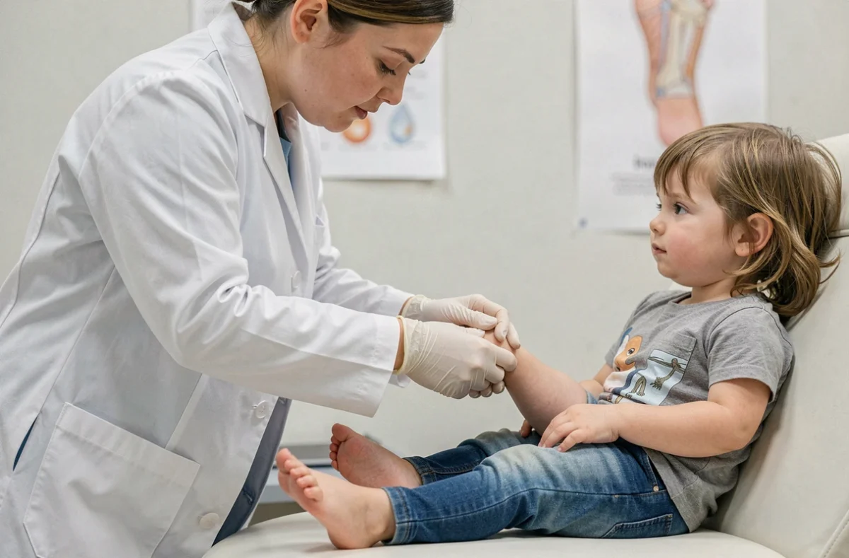 Podiatre pédiatrique examinant le pied d'un enfant en consultation médicale pour détecter un pied égyptien