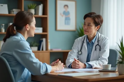 Femme patient en consultation avec un rhumatologue dans un cabinet moderne