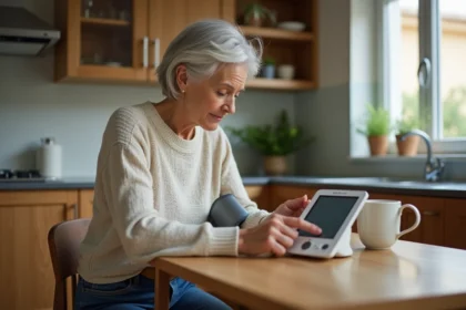 Femme d'âge moyen vérifiant sa tension artérielle à la maison