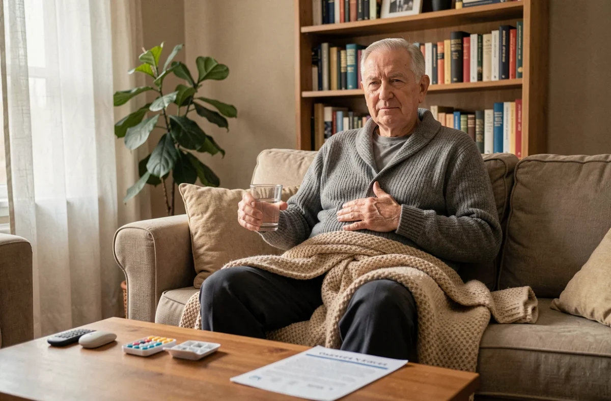 Homme âgé en convalescence à domicile après une crise de diverticulite avec ordonnance et verre d'eau