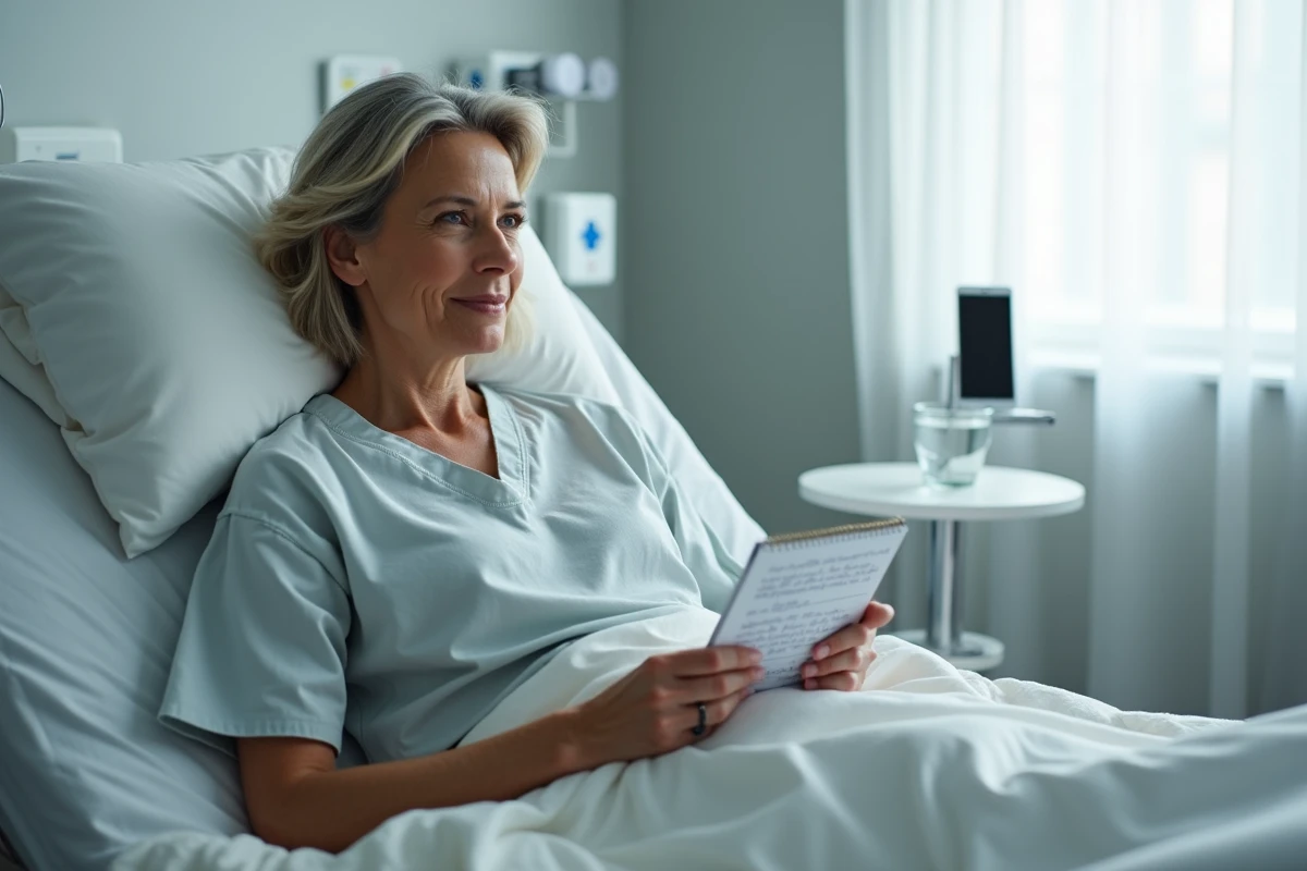 Femme en convalescence dans une chambre d'hôpital après une opération gynécologique, notant ses questions pour son médecin