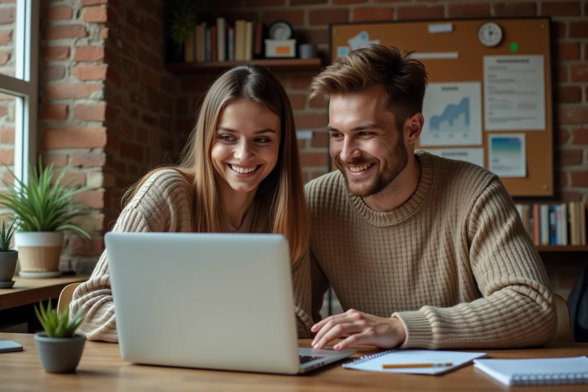 Couple analysant leur consommation énergétique sur un ordinateur portable dans un bureau domestique durable