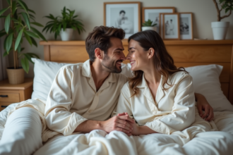 Couple souriant en pyjama détendu dans un lit cosy
