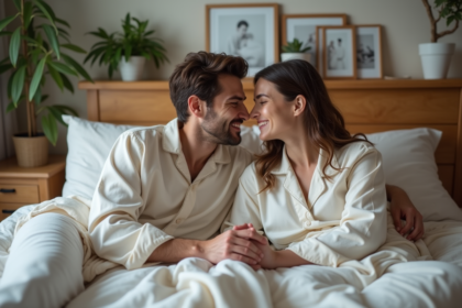 Couple souriant en pyjama détendu dans un lit cosy
