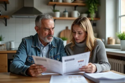 Couple d'adultes examine brochures santé à la maison