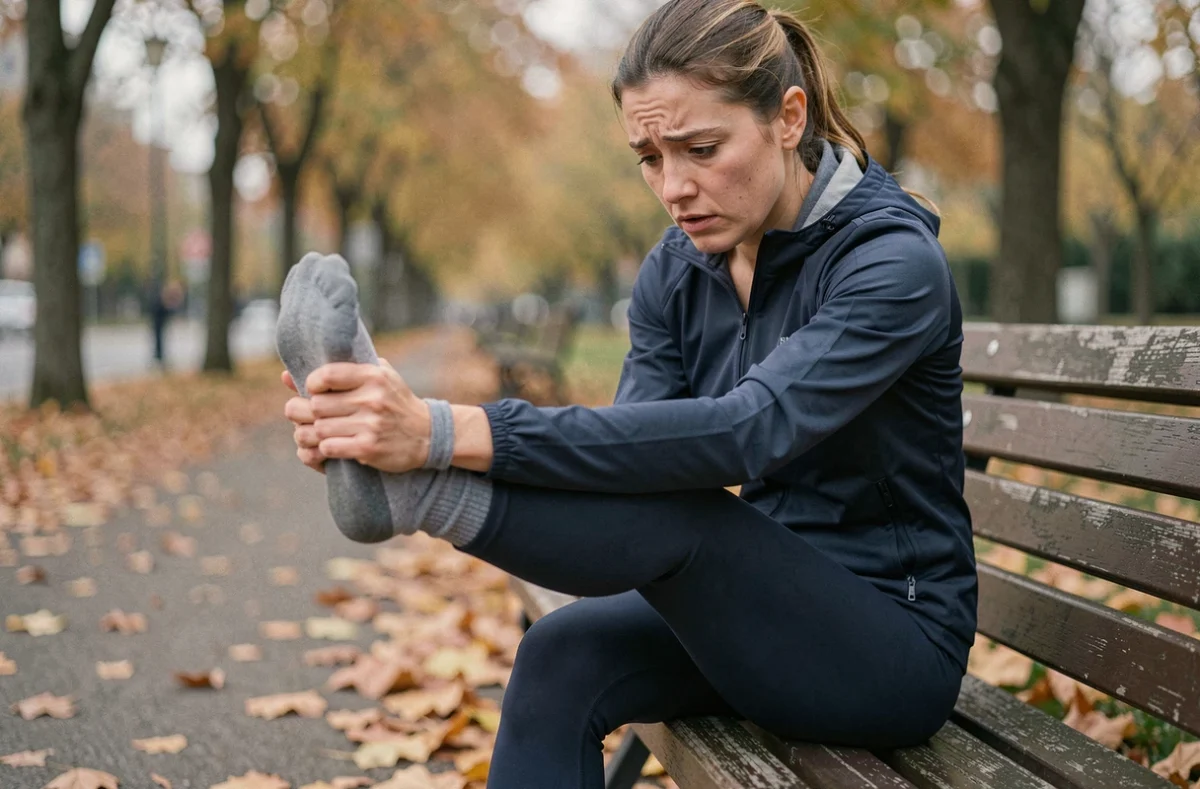 Coureuse assise sur un banc de parc inspectant la pointe de ses orteils après une séance de running, douleur aux pieds après l'effort