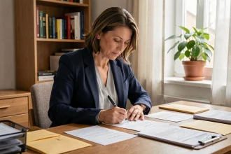 Femme rédigeant un courrier administratif à la CPAM 92 depuis son bureau à domicile