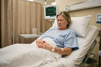 Femme d'âge moyen allongée dans un lit d'urgences avec une douleur abdominale liée à une crise de diverticulite