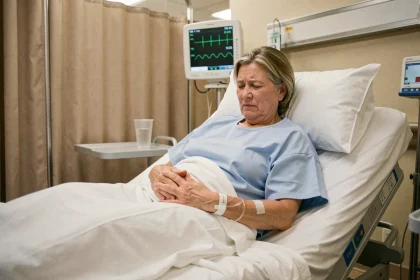 Femme d'âge moyen allongée dans un lit d'urgences avec une douleur abdominale liée à une crise de diverticulite