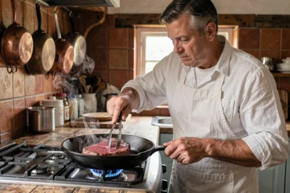 Chef faisant revenir une pièce de viande rouge maigre dans une poêle en fonte sur feu vif, technique de cuisson pour attendrir la viande