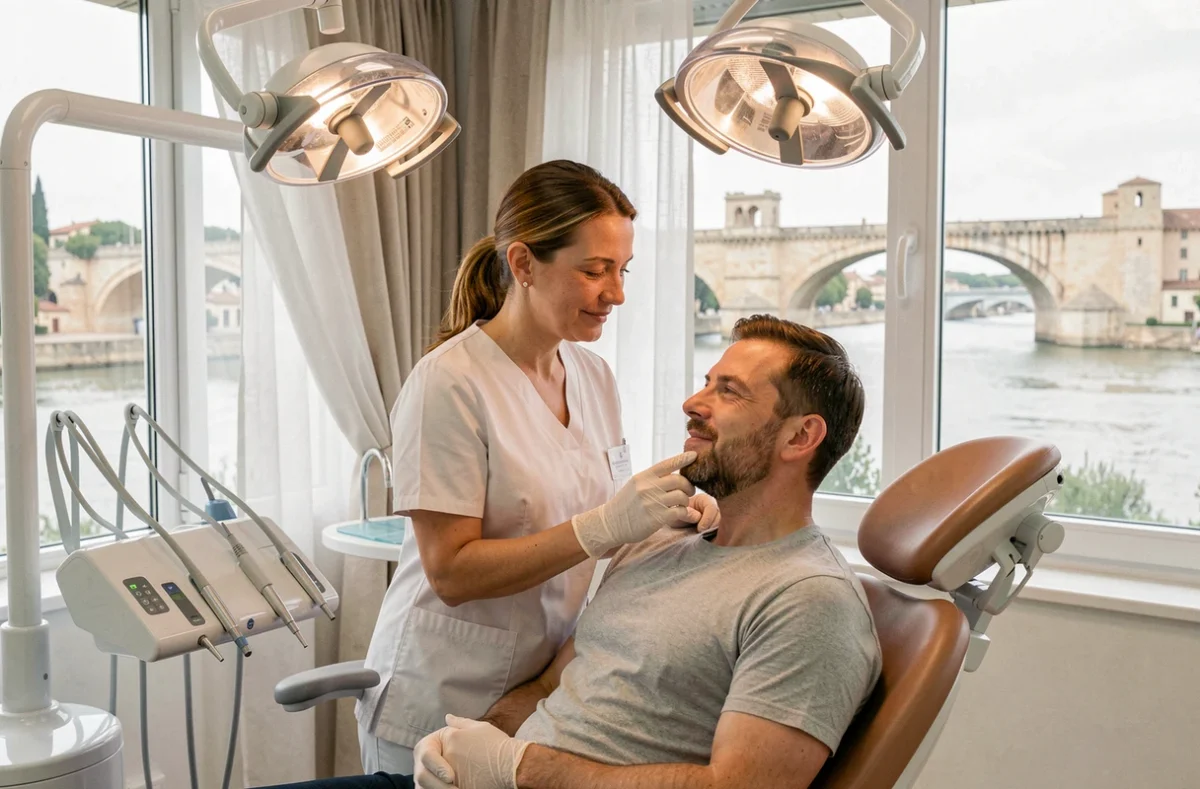 Dentiste en consultation avec un patient au cabinet Dental Smile de Villeneuve-lès-Avignon