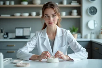 Jeune femme en blouse blanche façonnant une couronne en céramique dentaire