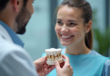 Dentiste montrant un modèle d'implant dentaire à un patient souriant