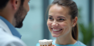 Dentiste montrant un modèle d'implant dentaire à un patient souriant
