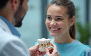 Dentiste montrant un modèle d'implant dentaire à un patient souriant