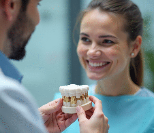 Dentiste montrant un modèle d'implant dentaire à un patient souriant