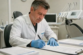 Dentiste signant un arrêt de travail dans son cabinet médical