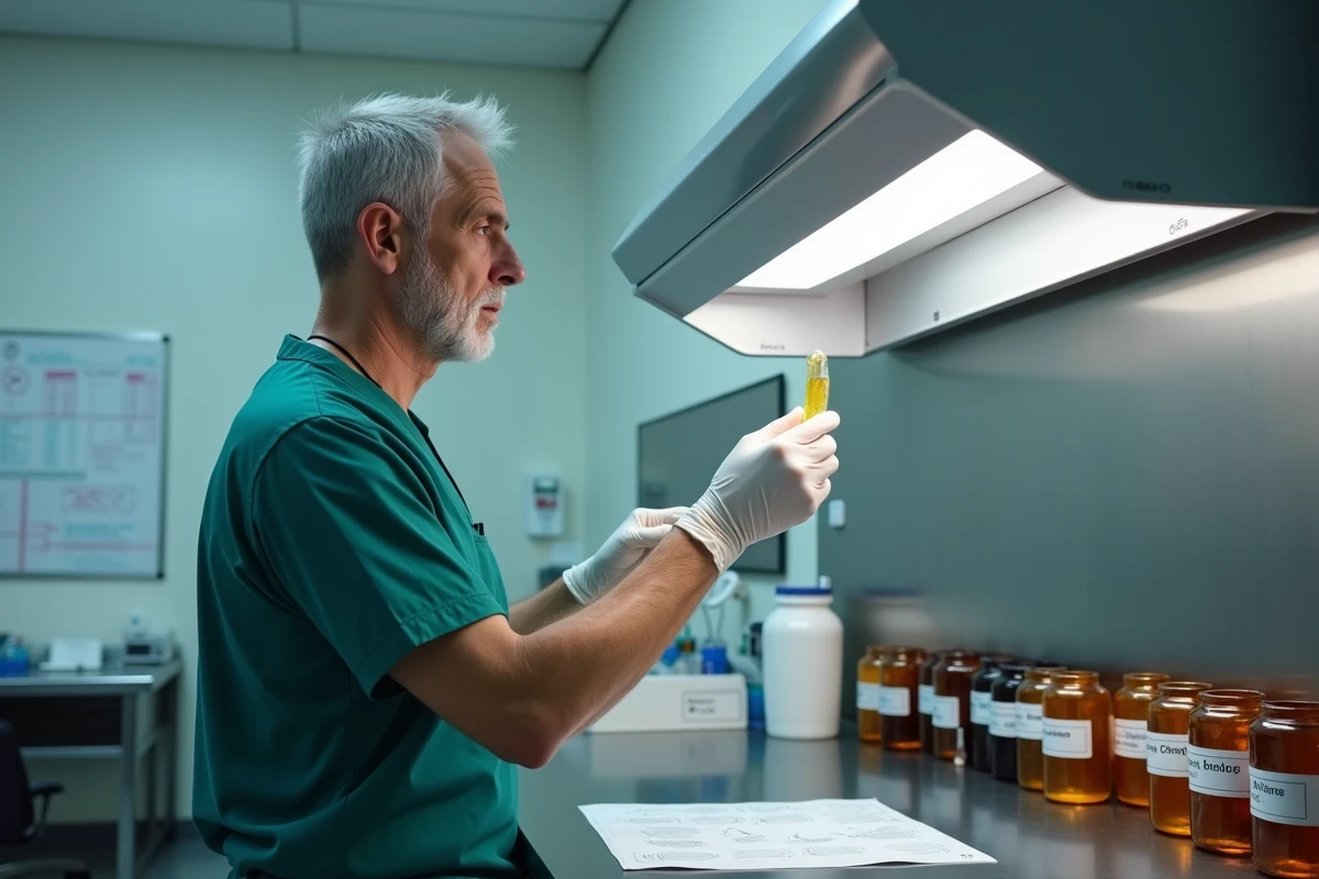 Dermatopathologiste en blouse chirurgicale analysant une biopsie cutanée sur lame de verre dans une salle d'anatomopathologie moderne