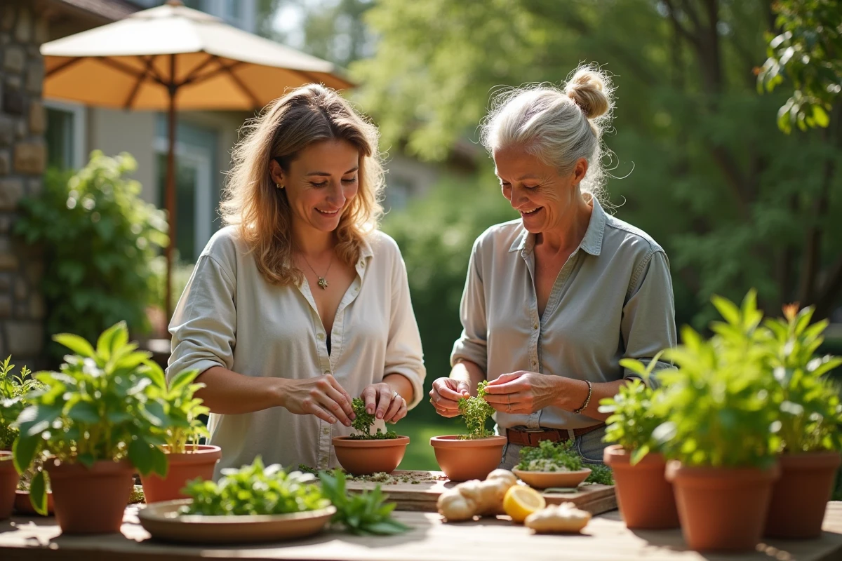 Deux amies préparant une tisane aux herbes dans le jardin