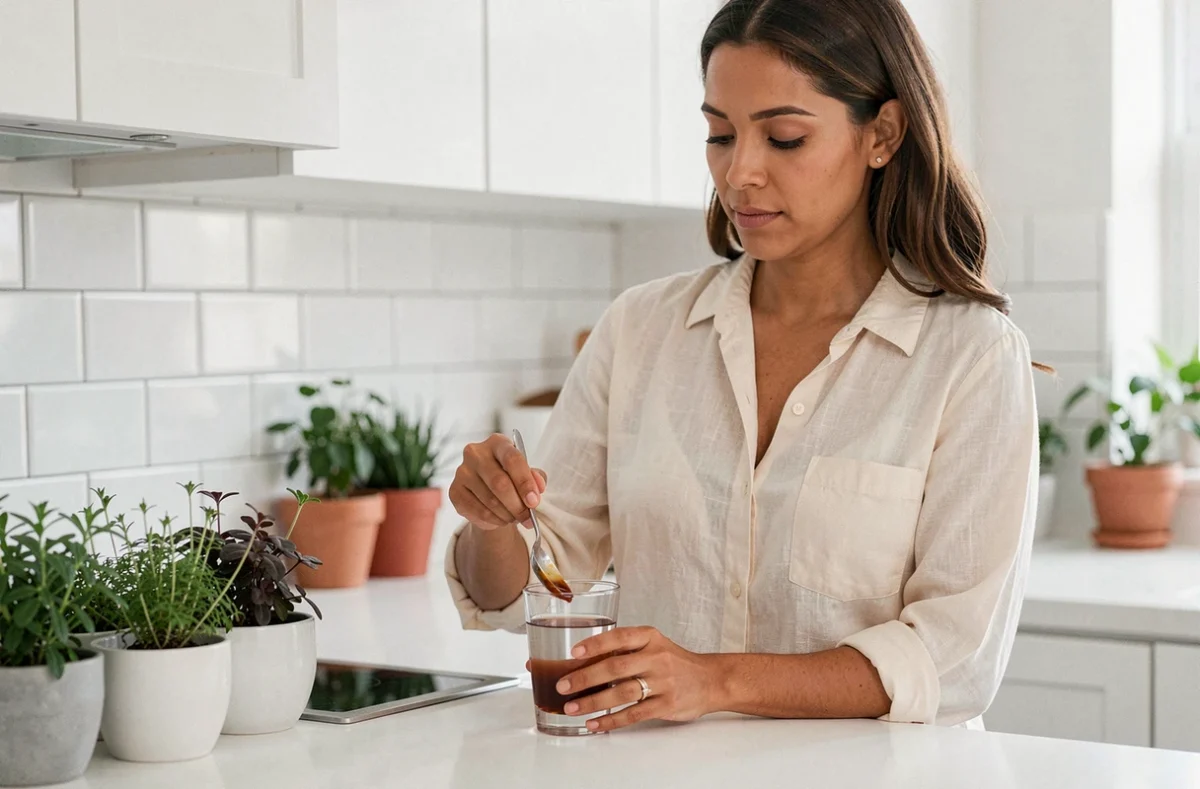 Femme mesurant soigneusement une dose de concentré de tamarin dans un verre d'eau dans une cuisine moderne lumineuse
