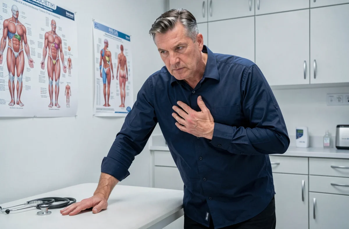Homme en consultation médicale souffrant d'une douleur au côté gauche lors de la respiration