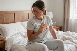 Femme tenant son côté gauche avec douleur en respirant, assise sur un lit dans une chambre