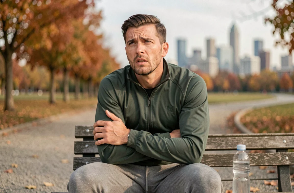 Sportif en pause dans un parc avec douleur au côté gauche en respirant après l'effort