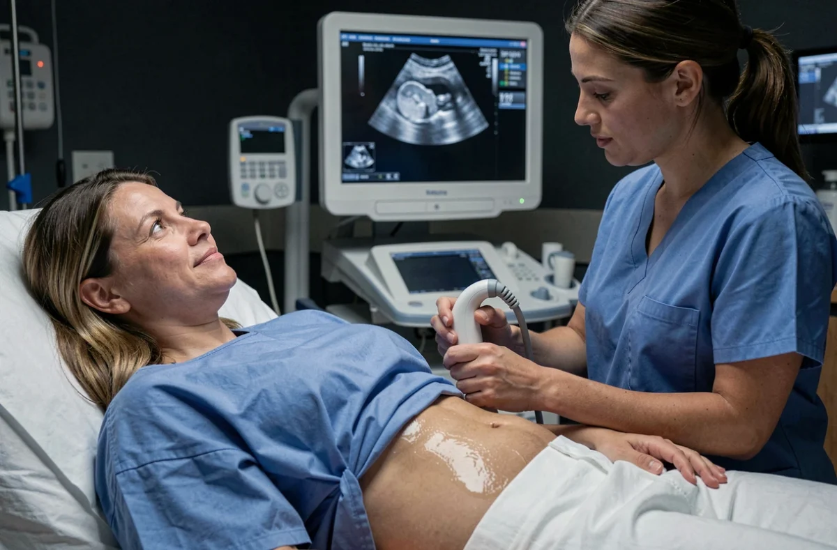 Femme passant une échographie abdominale pour diagnostic de kystes ovariens et douleurs pelviennes