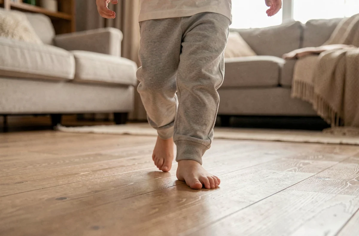 Enfant marchant pieds nus sur un parquet en bois à la maison, permettant d'observer la morphologie du pied égyptien à la marche