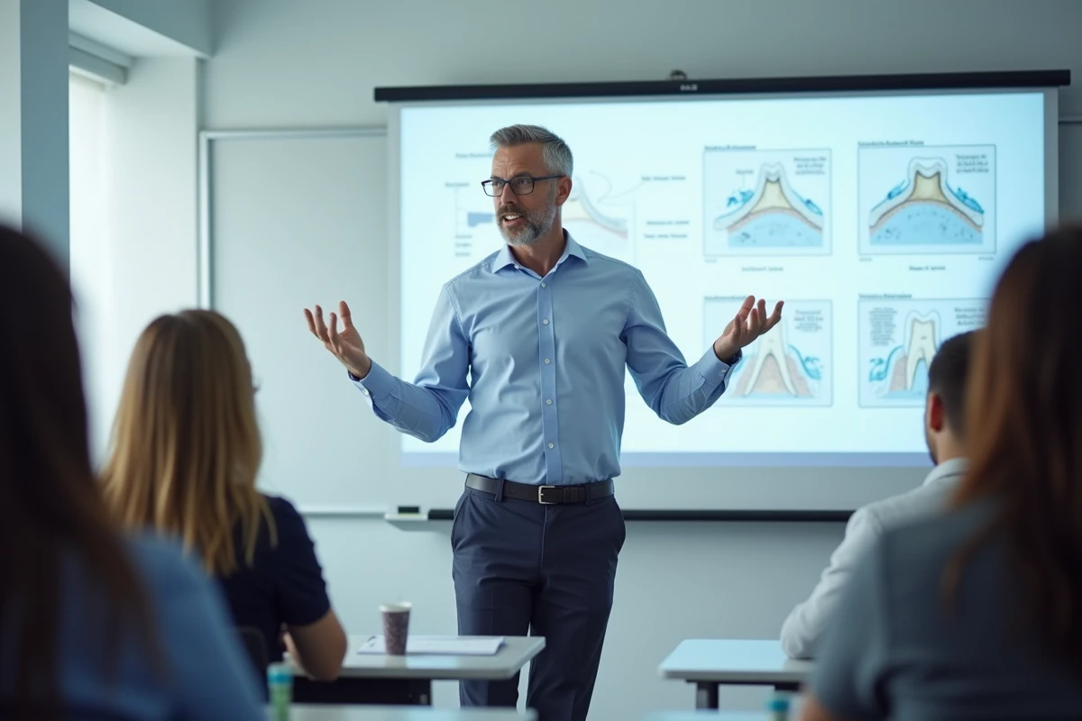 Professeur expliquant des diagrammes dentaires à des étudiants en classe