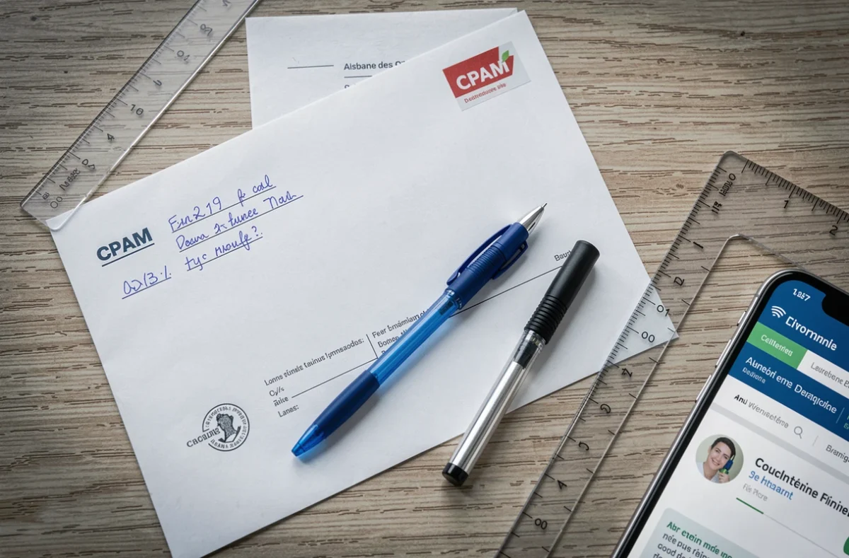 Vue en plongée d'une enveloppe et formulaires administratifs pour un envoi à la CPAM 92