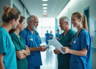 Chirurgie : quelle spécialité est la plus difficile ? Décryptage complet Équipe de médecins dans un hôpital moderne discutant d'un graphique