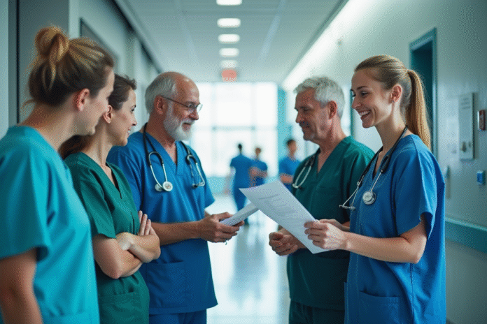 Équipe de médecins dans un hôpital moderne discutant d'un graphique
