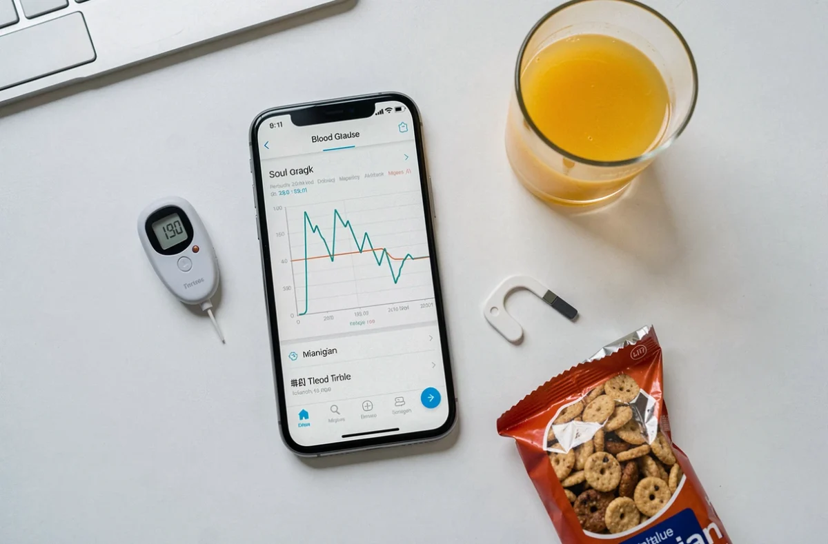Vue aérienne d'un bureau avec une application de suivi de glycémie affichant une courbe irrégulière, entourée d'un capteur de glucose, d'un stylo autopiqueur et d'emballages alimentaires illustrant des erreurs de suivi du diabète