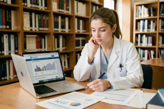 Étudiante en médecine consultant le classement des facultés de médecine sur ordinateur portable dans une bibliothèque universitaire