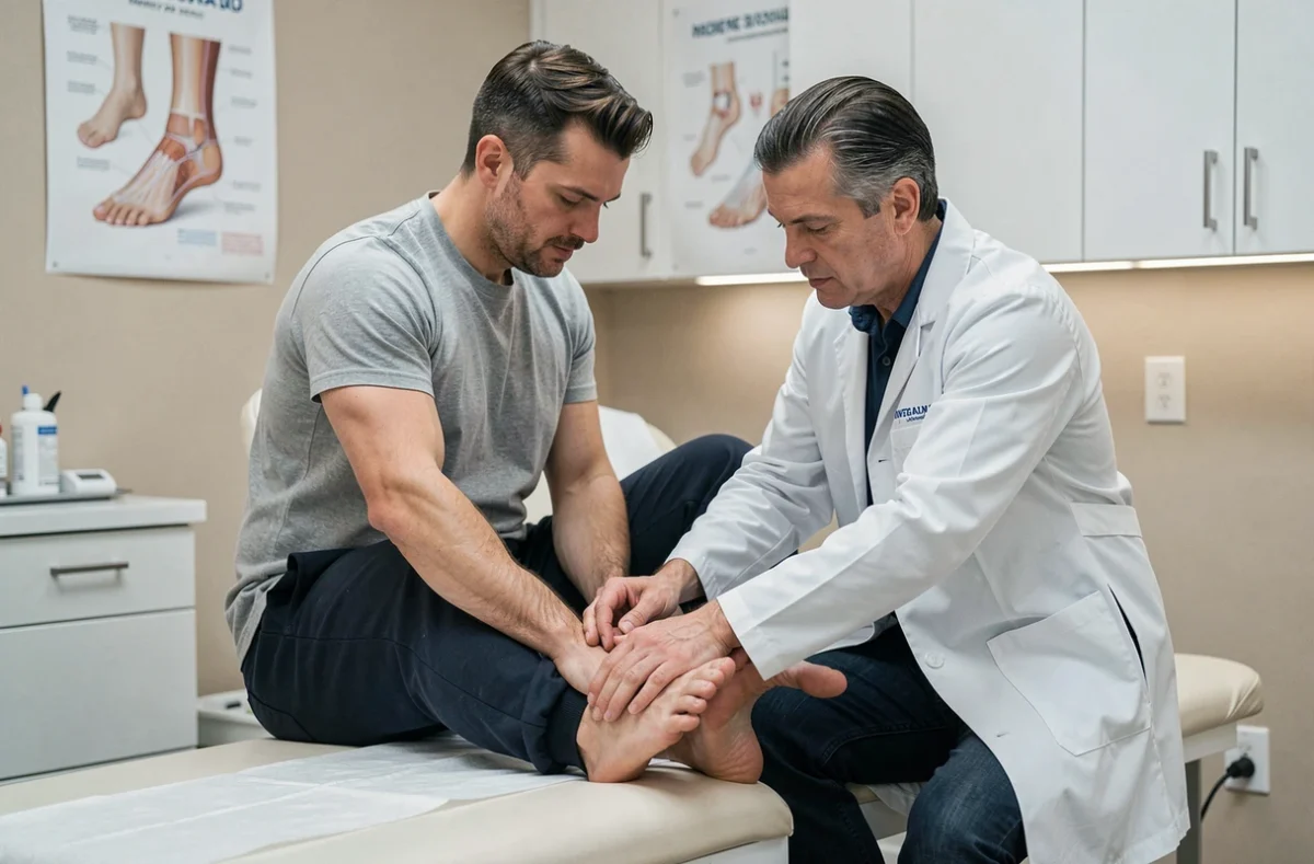 Kinésithérapeute examinant les orteils douloureux d'un patient en cabinet médical moderne, consultation podologique professionnelle