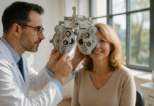 Optométriste examinant une femme souriante dans une clinique moderne