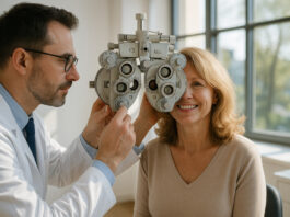 Pourquoi faire contrôler sa vue régulièrement est essentiel Optométriste examinant une femme souriante dans une clinique moderne