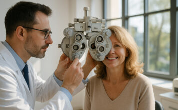 Pourquoi faire contrôler sa vue régulièrement est essentiel Optométriste examinant une femme souriante dans une clinique moderne