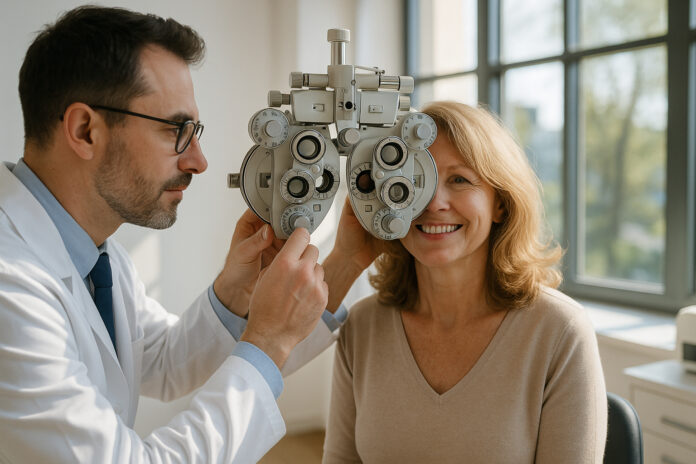 examen-oeil-optometre-lumiere-naturelle Optométriste examinant une femme souriante dans une clinique moderne