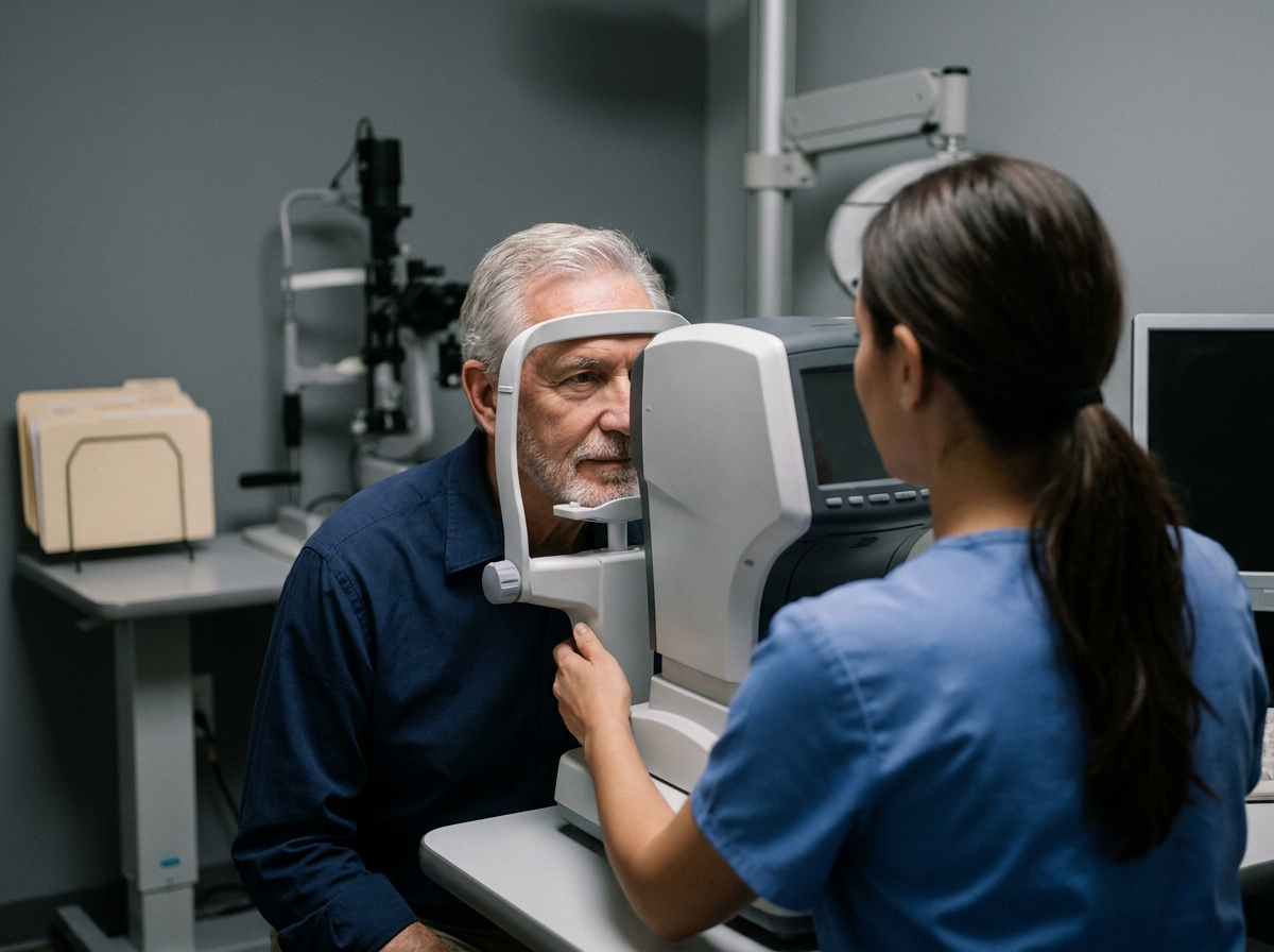 Patient senior passant un examen de vue avec un autoréfracteur chez un opticien